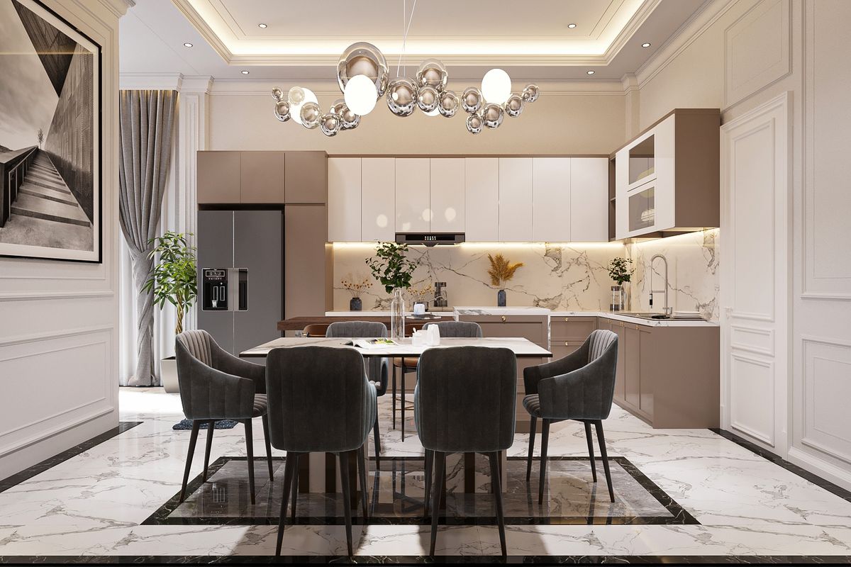 Bếp biệt thự thiết kế sang trọng tinh tế kết nối với hệ thống phòng ăn 2 không gian này được phân chia riêng biệt