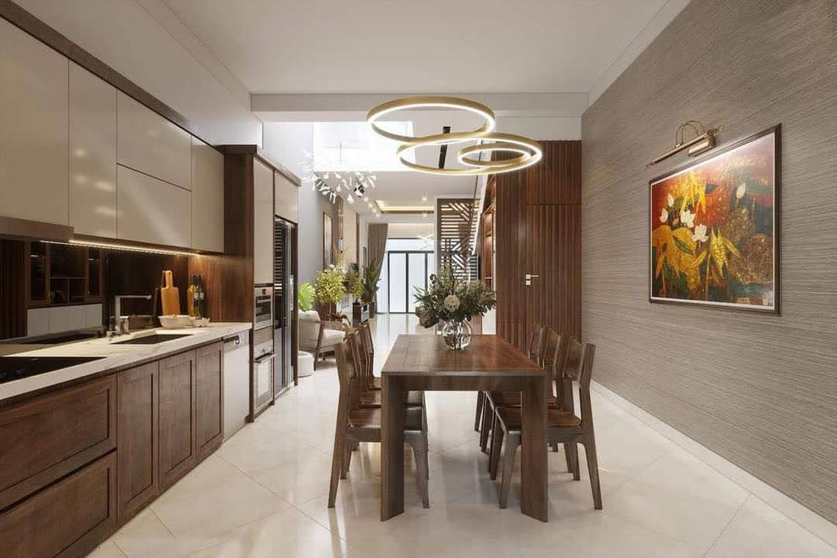 Đối với những căn nhà ống có diện tích hẹp ngang thì đây là cách thiết kế nội thất bếp mà bạn có thể tham khảo qua