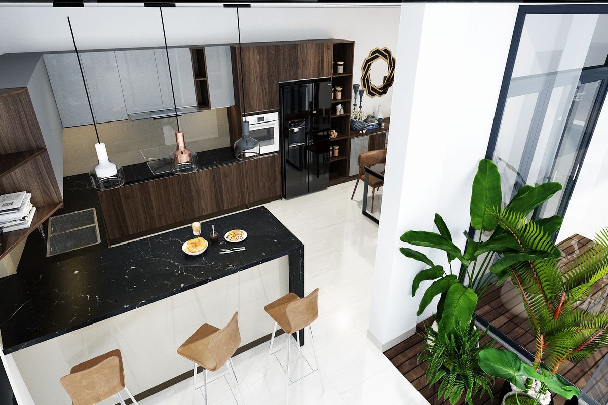 Đối với những căn phòng phố nhà ống hiện đại thì đây sẽ là căn bếp mà bạn nên tham khảo