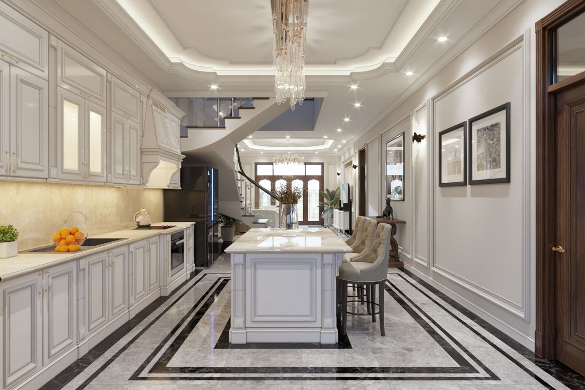 Thiết kế căn phòng bếp đẹp cho nhà ống có quầy bar với lối thiết kế đơn giản sang trọng với phong cách tân cổ điển